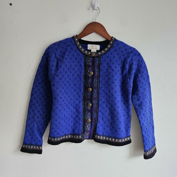 Women Vintage Tally Ho Blue Black 100% Wool Cardigan Sweater Nordic Tag Size M - Picture 2 of 7